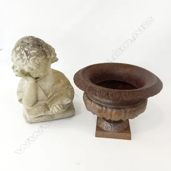   CONCRETE GARDEN FIGURE + CAST IRON PLANTER H320MM