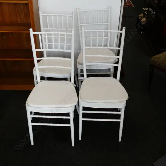 4 WHITE METAL FAUX BAMBOO CHIAVARI CHAIRS w. 4 CUSHIONS