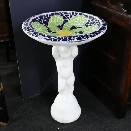 CONCRETE BIRD BATH  WITH MOSAIC TOP, H. 870mm DIA 600mm