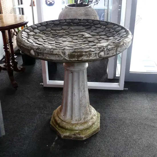 LG 2 PART CONCRETE BIRD BATH w. STONE LINED BOWL H.800mm / 800mm dia