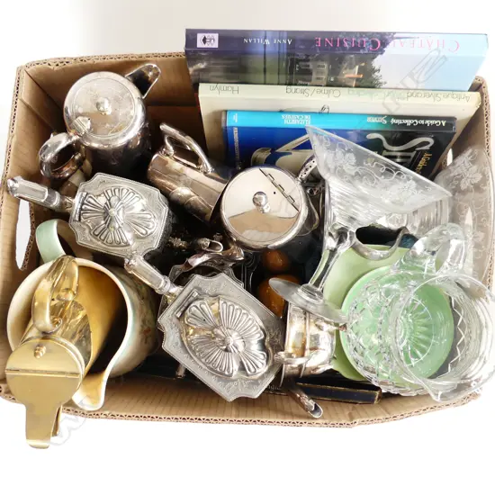 BOX LOT ASST. SILVER PLATE, CRYSTAL, 2 BOOKS ON SILVER, CASED CUTLERY ETC