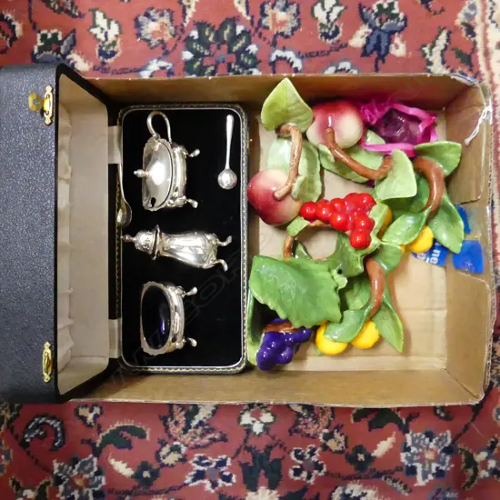 BOX LOT MISC. INCL BOXED CONDIMENT SET, THIMBLES, 6 CERAMIC FRUIT NAPKIN RINGS