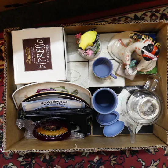 BOX LOT ASST. FINE CHINA; PLATES, BOXED MUSIC BOXES, JAPANESE WOMAN ETC