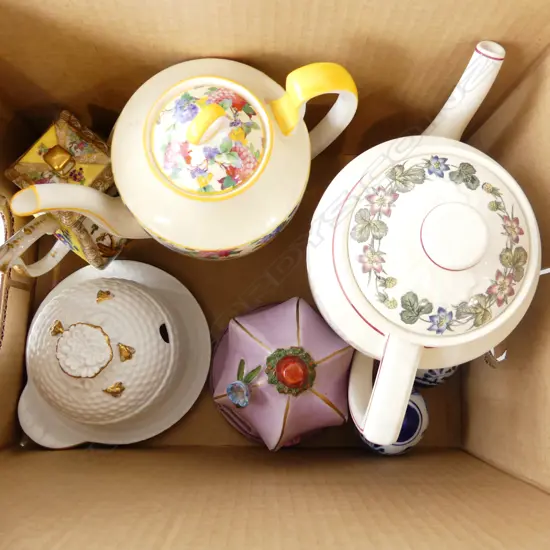 SM BOX VINTAGE PORCELAIN & CHINA INCL AYNSLEY & WEDGWOOD COFFEE POTS, SPODE BEEHIVE HONEY POT ETC..
