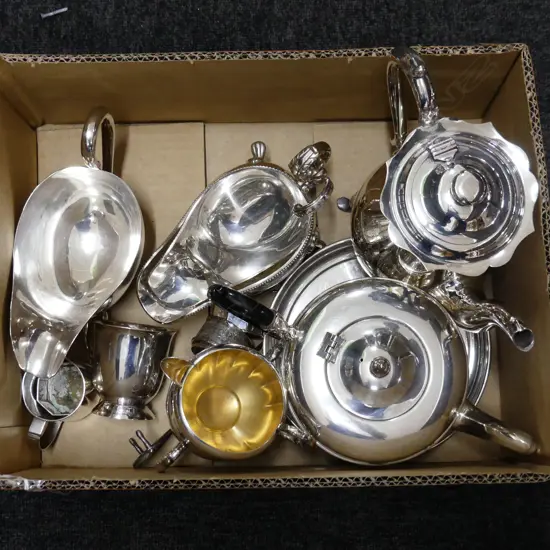 GOOD BOX LOT SILVER PLATE, COFFEE POT, TEA POT, GRAVY JUGS ETC.