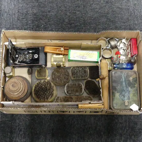 BOX LOT ASST.; FLOWER FROGS, OLD CAMERA ETC