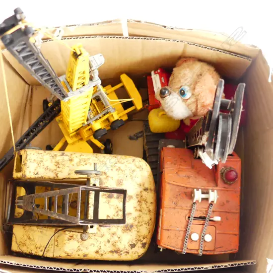 BOX LOT TIN TOY CRANES PARTS ETC 