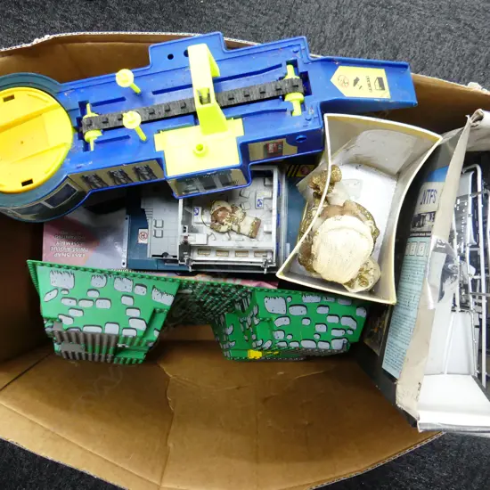 BOX LOT TOY GARAGES DIE CAST CARS ETC