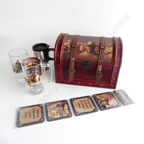 JOHN WAYNE SOV JEWELLERY BOX L300MM & 3 BEER MUGS & COASTERS
