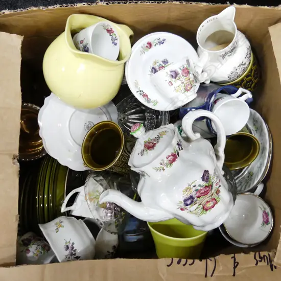 BOX LOT ASST. CHINA; SPODE COFFEE SET ETC
