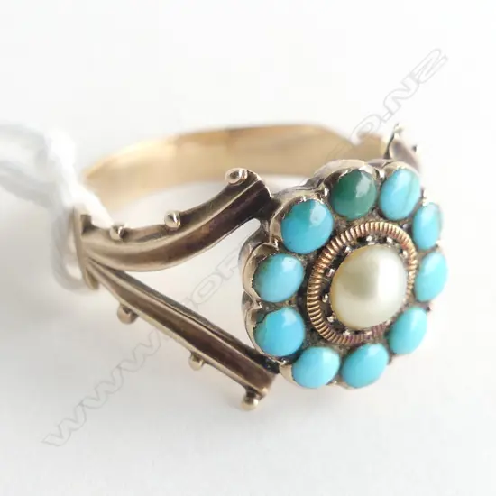 ANTIQUE 9CT GOLD PEARL AND TURQUOISE RING