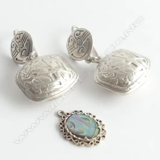 PR SILVER DROP EARRINGS + PAUA PENDANT 14.5 GRAMS