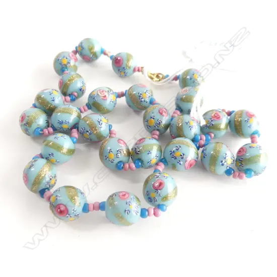 VENETIAN COLOURED GLASS BEAD NECKLACE gold flecked highlights L.460mm