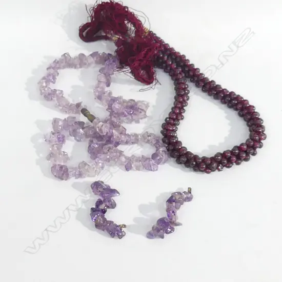 AMETHYST CHIP NECKLACE & EARRINGS (EARRINGS A/F) + 1 OTHER BEAD NECKLACE