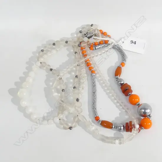 4 VINTAGE BEAD NECKLACES: 3 OPAQUE & 1 ORANGE & METAL
