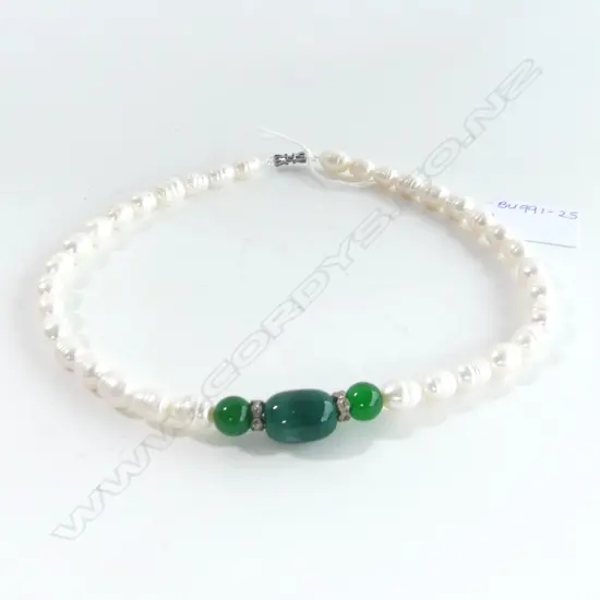 FRESH WATER PEARL & GREEN COLOURED STONE & CZ  NECKLACE