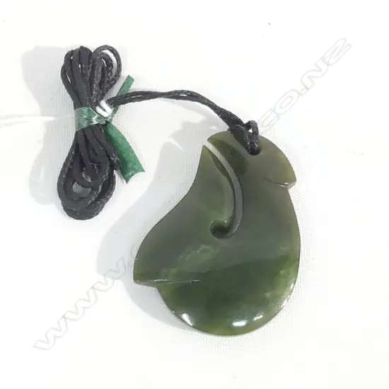 POUNAMU (GREENSTONE) ENGRAVED FISH HOOK PENDANT  ON BLACK WAXED ADJUSTABLE CORD