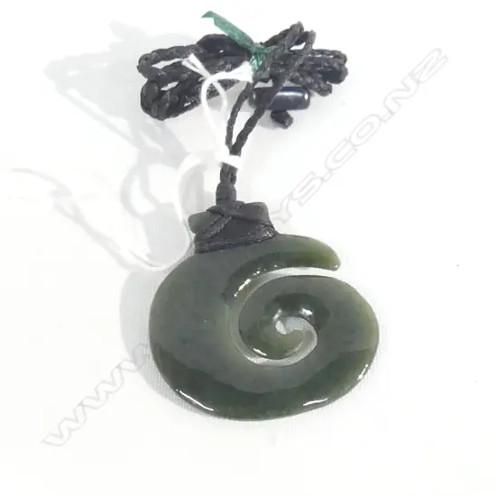 POUNAMU (GREENSTONE) KORU PENDANT ON BLACK WAXED ADJUSTABLE CORD