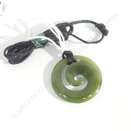 POUNAMU (GREENSTONE) SM KORU PENDANT ON BLACK WAXED ADJUSTABLE CORD