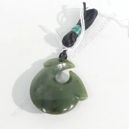 POUNAMU (GREENSTONE) FISH HOOK PENDANT ON BLACK WAXED ADJUSTABLE CORD