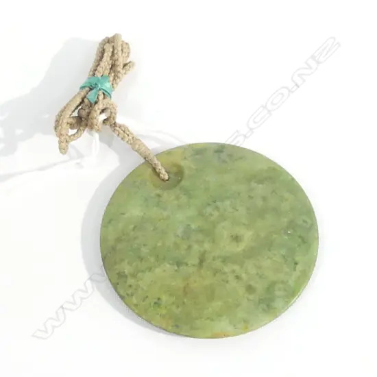 POUNAMU (GREENSTONE) LG DISC PENDANT ON BROWN WAXED ADJUSTABLE CORD