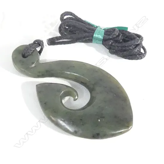 POUNAMU (GREENSTONE) FISH HOOK PENDANT ON BLACK WAXED ADJUSTABLE CORD