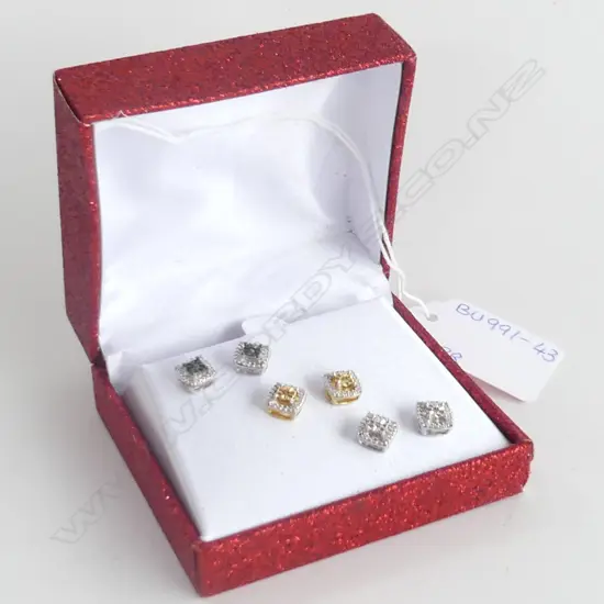 3 PR DIAMOND STUD EARRINGS;  (SILVER METAL)