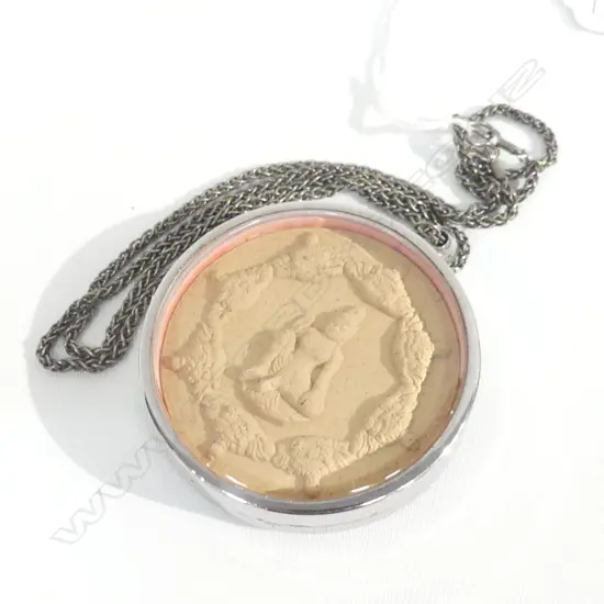 RARE LG THAI STAINLESS STEEL & CERAMIC AMULET & CHAIN (DIA 60MM)