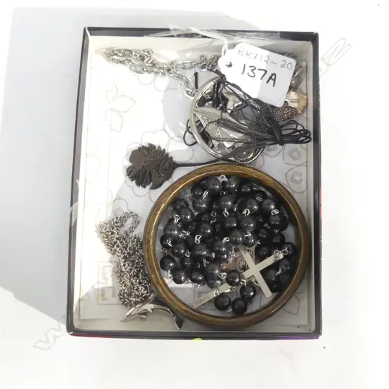 BOX COSTUME JEWELLERY AND STG PENDANT, ORIENTAL BANGLE AND CRUCIFIX