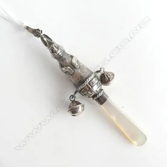 OLD SILVER & MOP ROBBIT BABY'S TEETHING RATTLE Birmingham hallmark