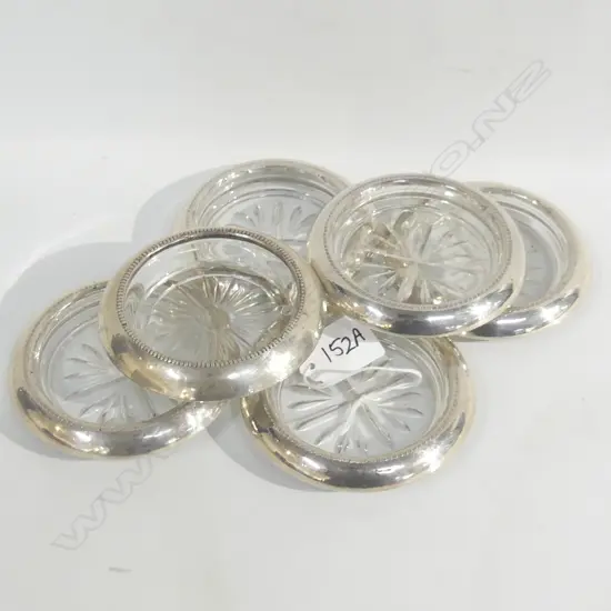 6 STG SILVER & GLASS COASTERS, STAMPED 'STERLING SILVER' DIA 98MM