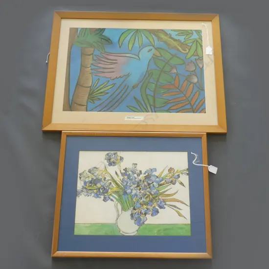 2 FRAMED ACRYLIC PAINTINGS; STILL LIFE (390 X 220) & BIRD SCENE (550 x 370MM)