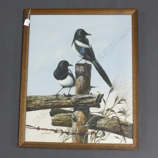 C. JEFFARES BIRDS ON FENCE POST OIL 620x510mm