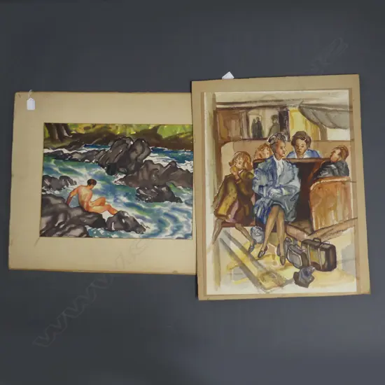 2 CELINA BALLANTINE W/Cs - PEOPLE WAITING / MAN ON OCEAN ROCKS 350x470mm