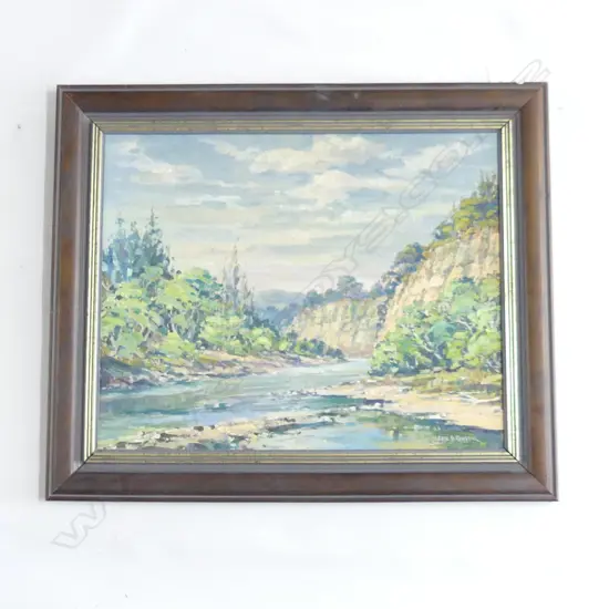 BASIL REGISTER OIL ON BOARD, 'MANAWATU RIVER, CLIFF ROAD', SIGNED. 390 X 495mm