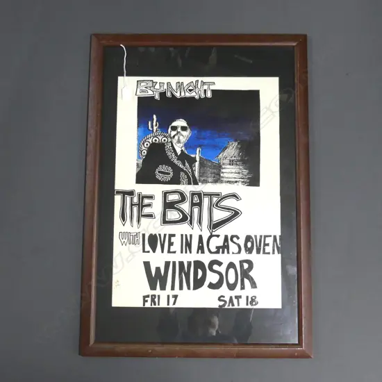 FRAMED POSTER; 'BY NIGHT THE BATS WITH LOVE IN A GAS OVEN WINDSOR FRI 17 SAT 18 580x420mm