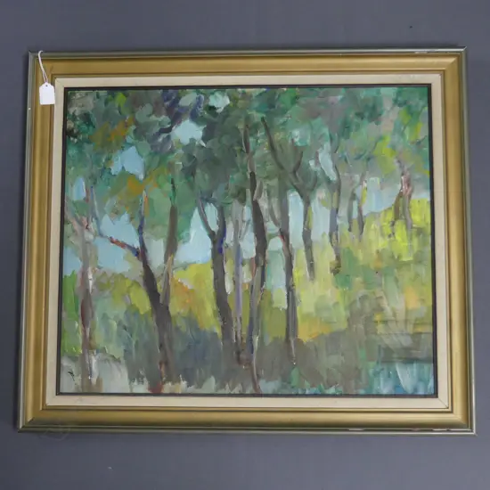 ARTIST UNKNOWN ABSTRACT TREED LANDSCAPE OIL 495x595mm 