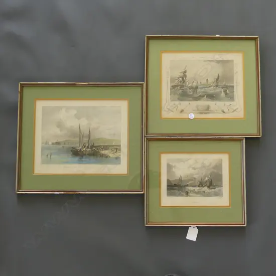 3 HANDCOLORED ENGRAVINGS VICTORIAN. MARITIME THEMES 190x240mm.170x205mm.130x170mm