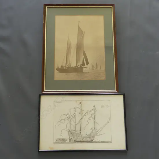2 MARITIME THEMED FRAMED WORKS. 19THC ENGRAVING OF THE HARRY GRACE 280x450mm AND SCOW SEPIA PHOTOGRAPH 380x280mm