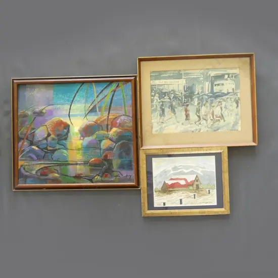 3 AMATEUR ARTWORKS. OIL ON BOARD BY JOAN LINDSAY 390 X 460mm.W/C BY C.SHEWAN 245 X 345mm & W/C BY K.MAHOOD 190 X 240mm