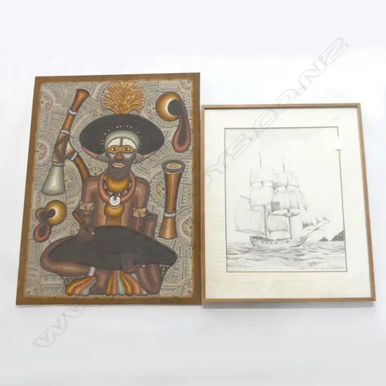 2 ARTWORKS; ENGA SAND PAINTING SIGNED EPEO '95 820x610mm + RICHARD HORNER  + FRAMED TEACUP   PRINT 'BRIG ACTIVE' 233/500