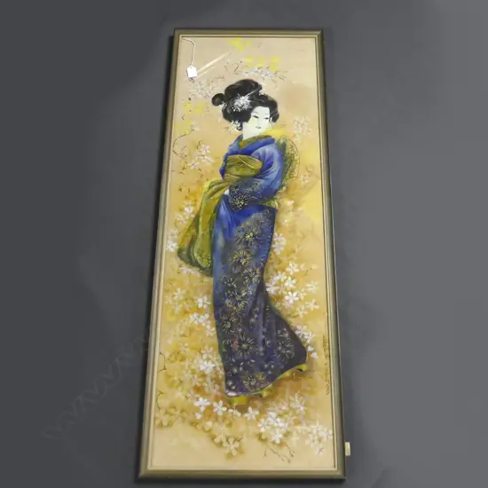 VINTAGE PAINTING ON SILK; JAPANESE WOMAN IN KIMONO 1100x365mm