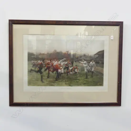 c.1900 WILLIAM BARNES WOLLEN 'A RUGBY MATCH; YORKSHIRE VS. LANCASHIRE PLAYED AT BRADFORD 1893' LITHOGRAPH 545x820mm