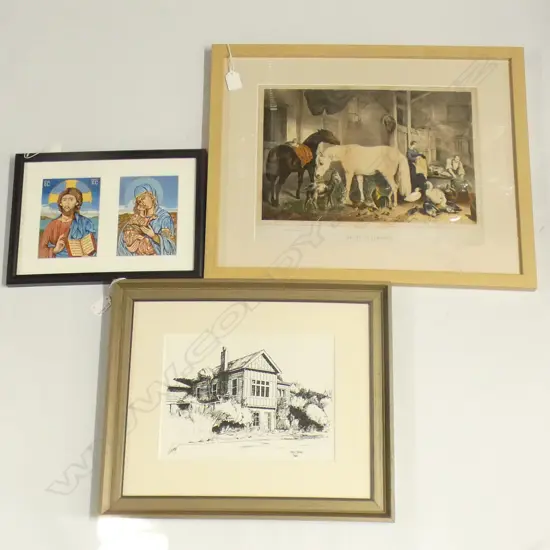 3 PRINTS; RUSSIAN ICONS, MAIN ROAD TAWA, HERRING 'AN ENGLISH HOMESTEAD' LITHOGRAPH 290x375mm