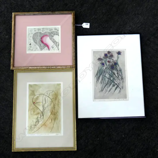 3 SIGNED HANDCOLORED LITHOGRAPHS . 'SENTIMENTS' 240X160mm 'COMPLIMENTARITE' 240X165mm & ' COURS ATOUTS 130X160mm