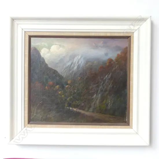 J D PERRETT - SOUTH ISLAND LANDSCAPE. OIL ON CANVAS 345x395mm