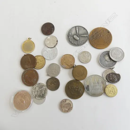 2 CONTAINERS ASST COMMEMORATIVE COINS, MEDALLIONS ETC..