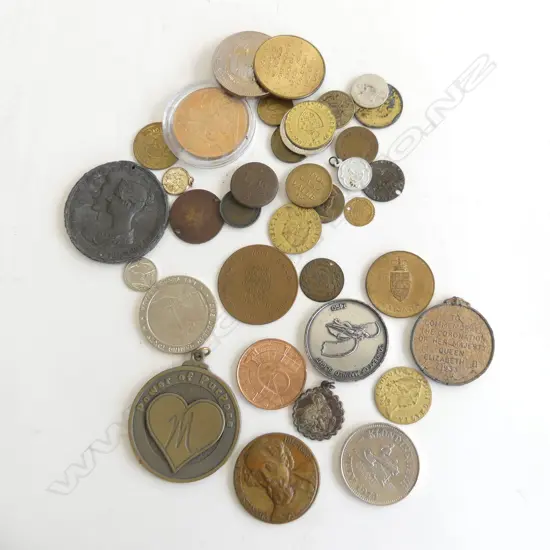 2 CONTAINERS MIXED COINS, MEDALLIONS, TOKENS ETC...