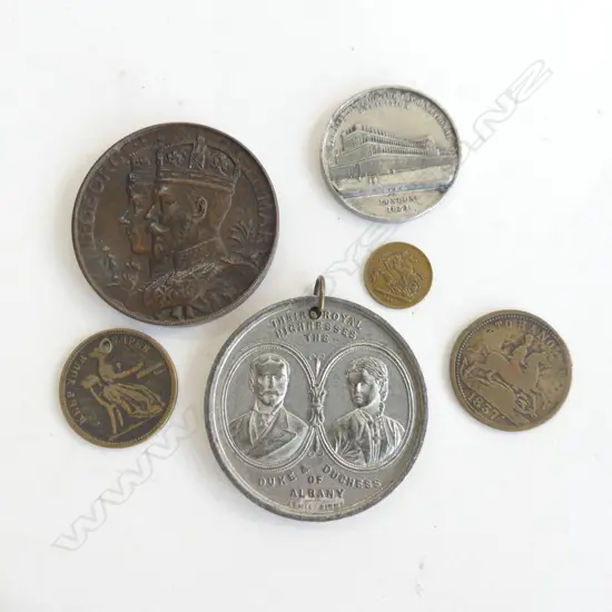 CONTAINER OF 6 ASST OLD COINS / MEDALS INCL 1837 COIN