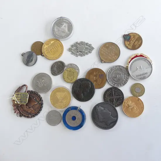 2 CONTAINERS ASST OLD COMMEMORATIVE COINS, MEDALLIONS ETC.